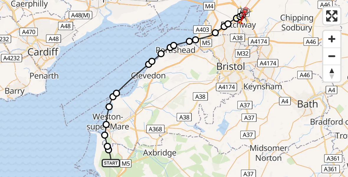 Flight path map showing Air Ambulance Helicopter route from Brent Knoll to Almondsbury Helicopter Base