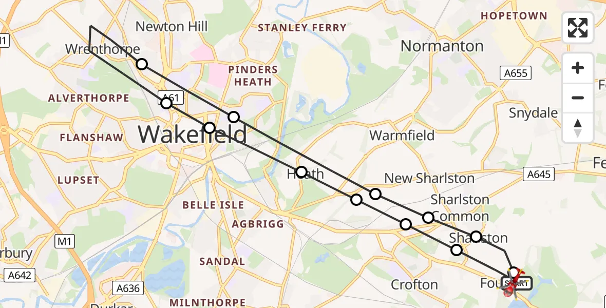 Flight path map showing Air Ambulance Helicopter route from YAA Nostell Helicopter Port to YAA Nostell Helicopter Port