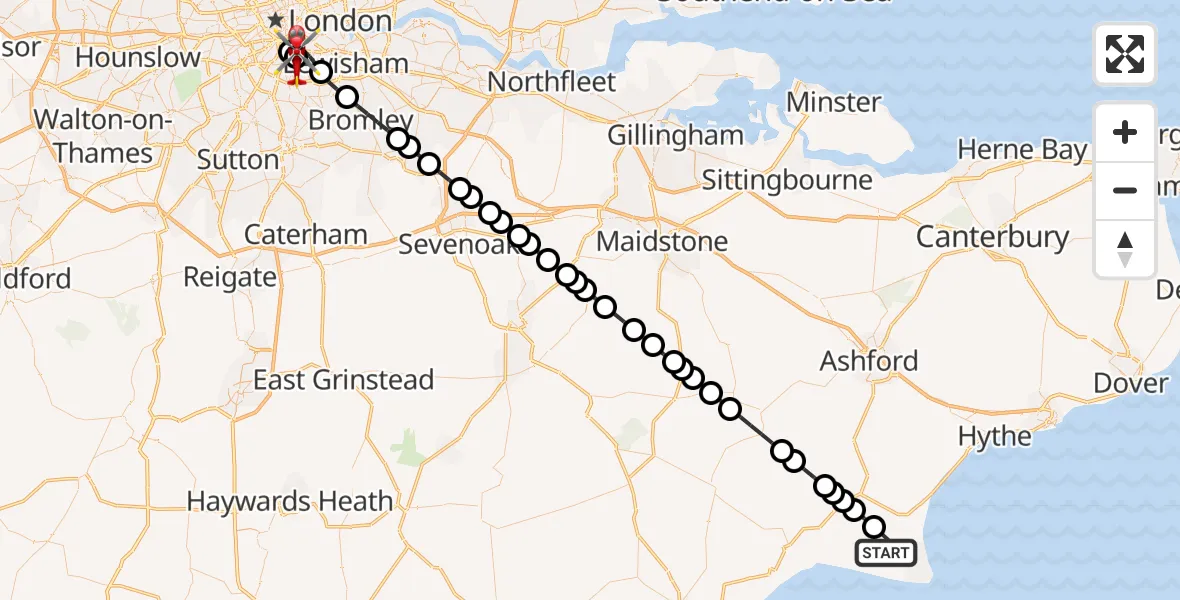 Flight path map showing Air Ambulance Helicopter route from Lydd to Kings College London Hospital