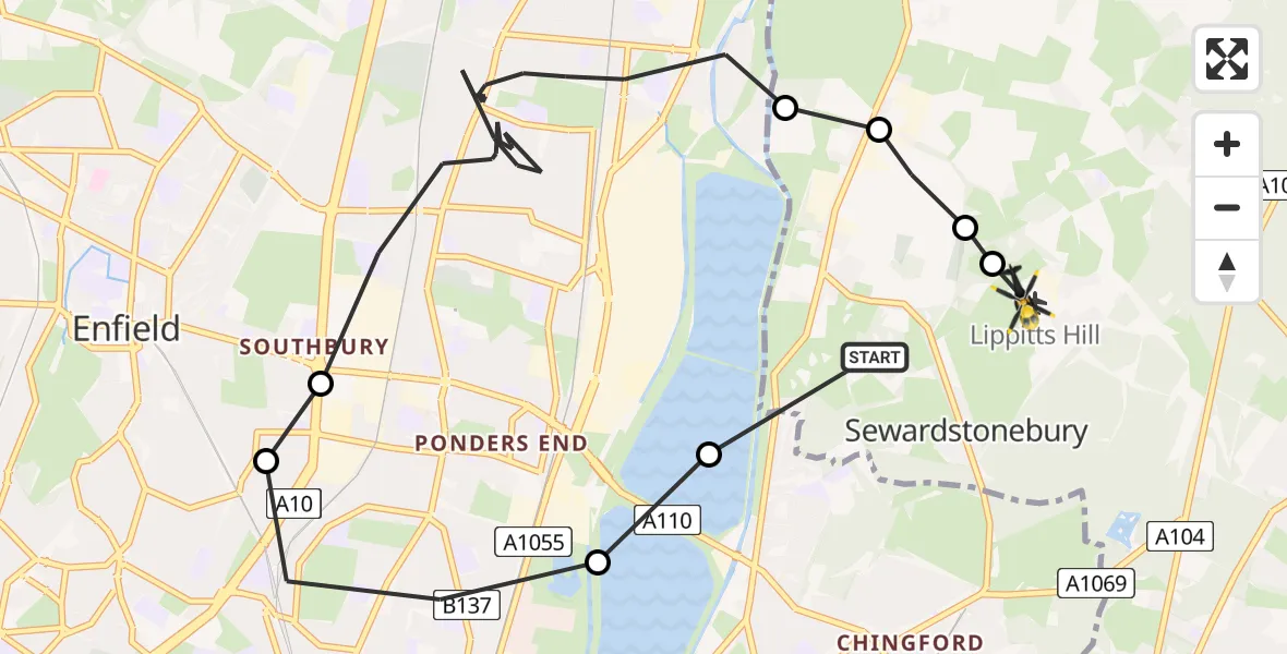 Flight path map showing Police Helicopter route from Greater London to Metropolitan Police Air Support Unit Lippitts Hill