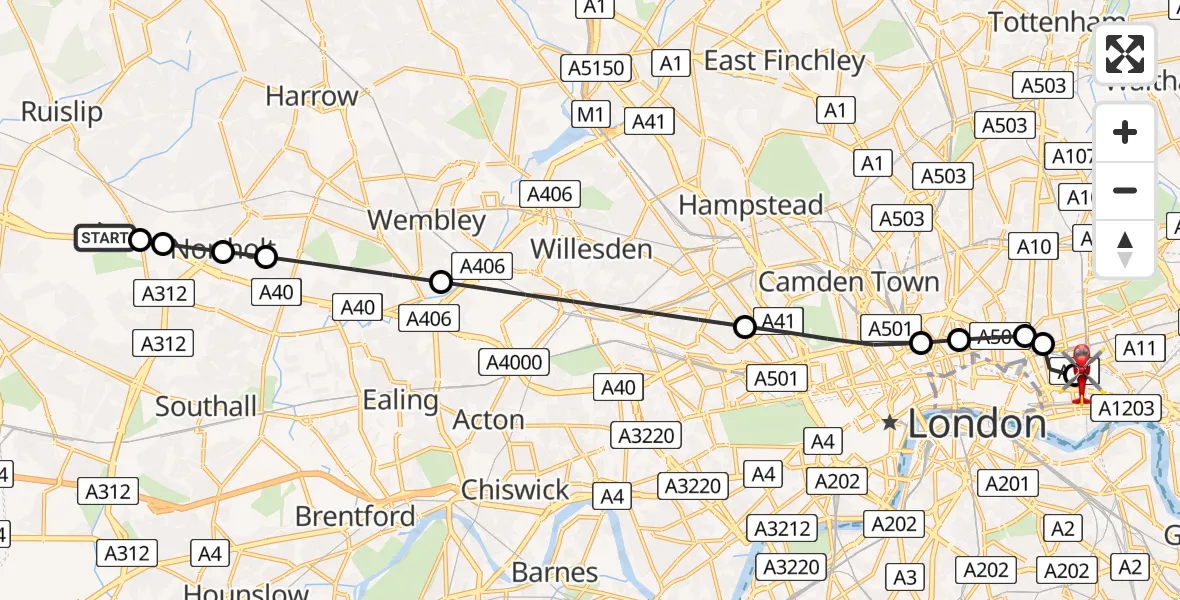 Flight path map showing Air Ambulance Helicopter route from RAF Northolt to Royal London Hospital
