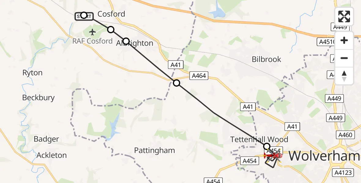 Routekaart van de vlucht: Air Ambulance Helicopter to Tettenhall Wood, South Staffordshire Railway Walk (The Track)