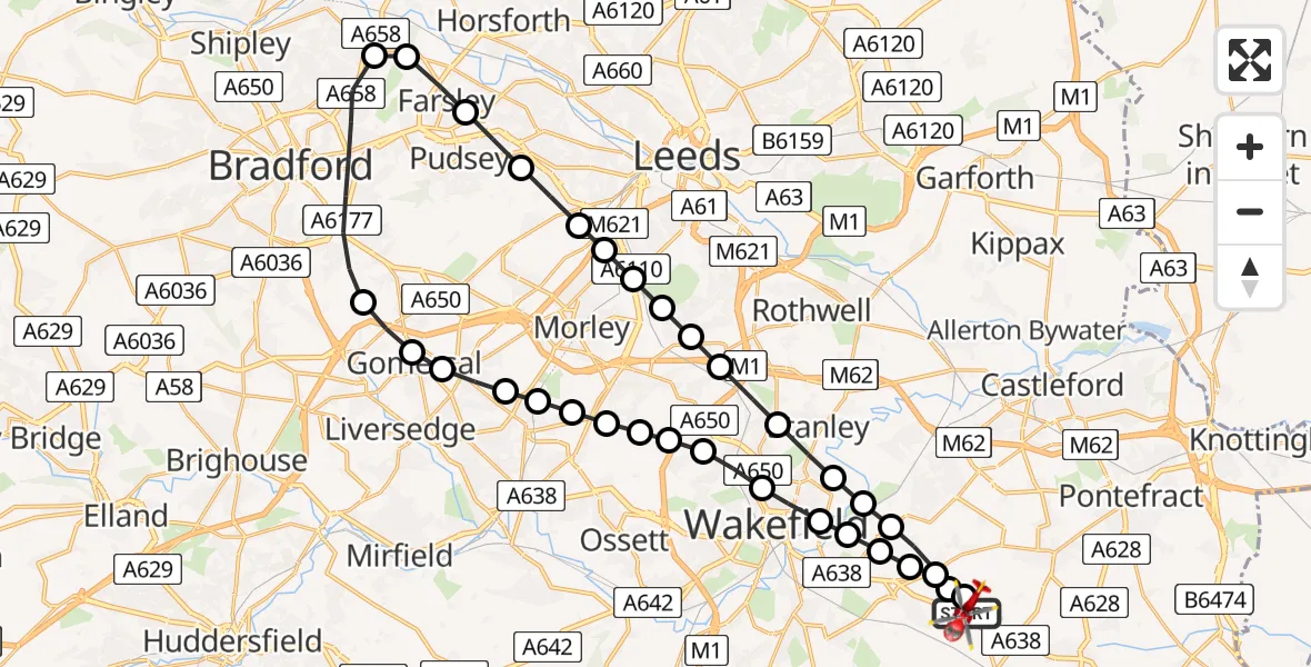 Flight path map showing Air Ambulance Helicopter route from YAA Nostell Helicopter Port to YAA Nostell Helicopter Port