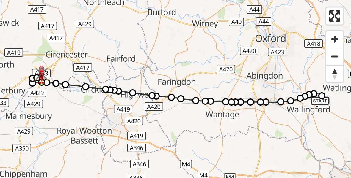 Flight path map showing Air Ambulance Helicopter route from RAF Benson to Cotswold Airport