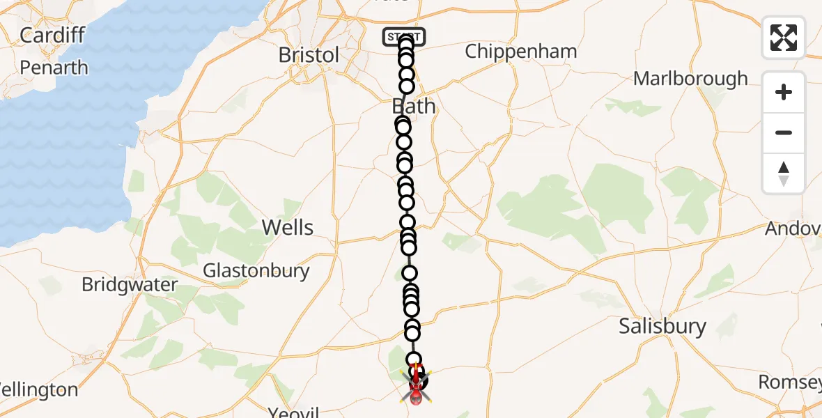 Flight path map showing Air Ambulance Helicopter route from Dyrham to Henstridge Airfield