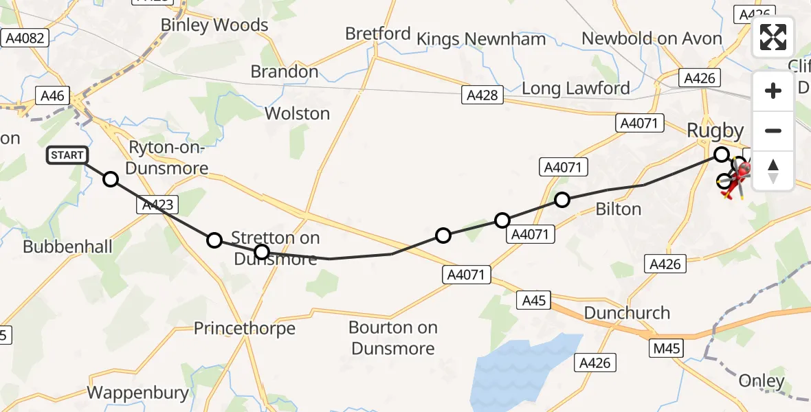 Flight path map showing Air Ambulance Helicopter route from Coventry Airport to Rugby