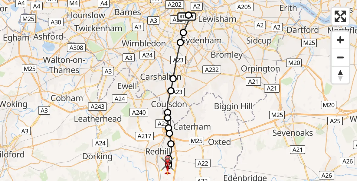 Flight path map showing Air Ambulance Helicopter route from Kings College London Hospital to Redhill Aerodrome