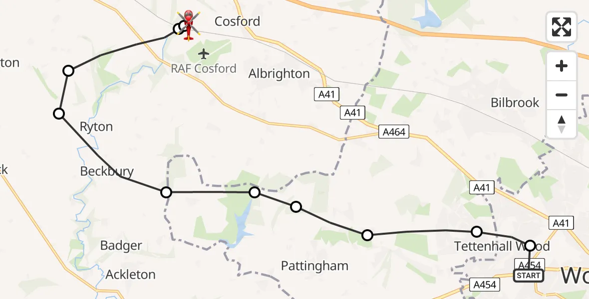 Flight path map showing Air Ambulance Helicopter route from Tettenhall Wood to Cosford