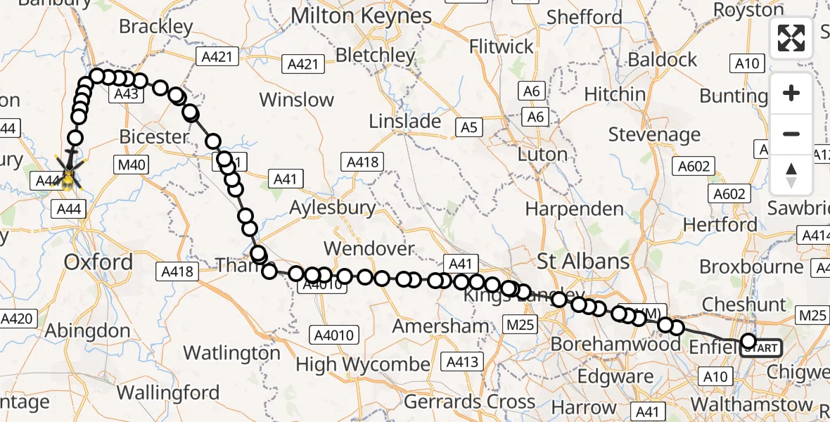Flight path map showing Police Helicopter route from Greater London to Shipton-on-Cherwell