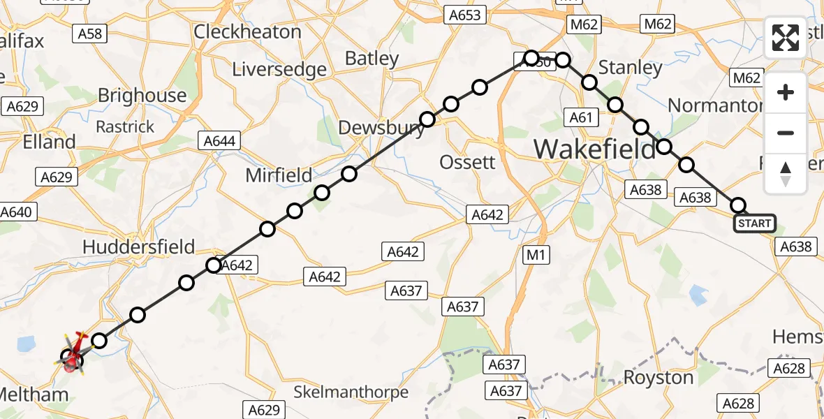 Flight path map showing Air Ambulance Helicopter route from YAA Nostell Helicopter Port to South Crosland