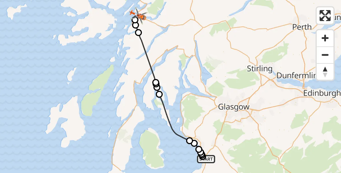 Flight path map showing Coastguard Helicopter route from Glasgow Prestwick Airport to Benderloch