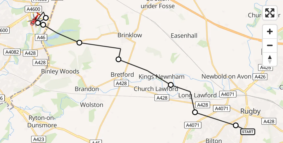 Flight path map showing Air Ambulance Helicopter route from Rugby St Cross Hospital to Coventry