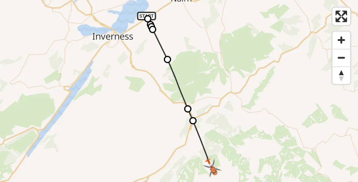 Flight path map showing Coastguard Helicopter route from Inverness Airport to Aviemore