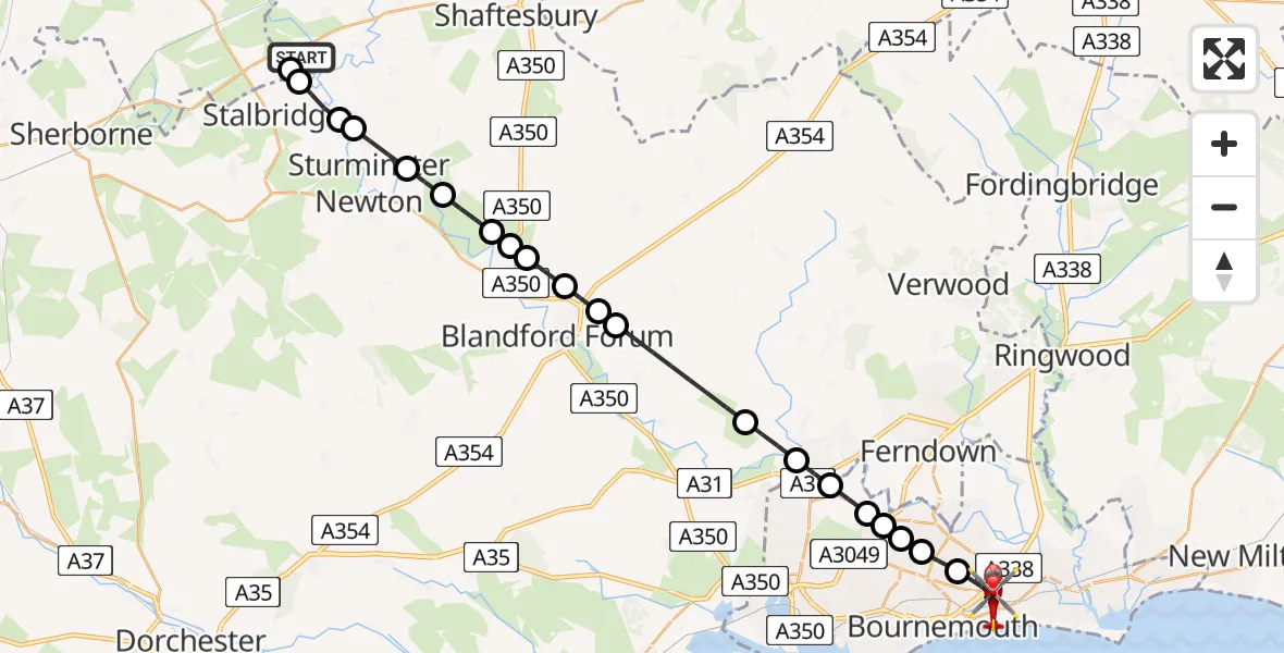 Flight path map showing Air Ambulance Helicopter route from Henstridge Airfield to Bournemouth
