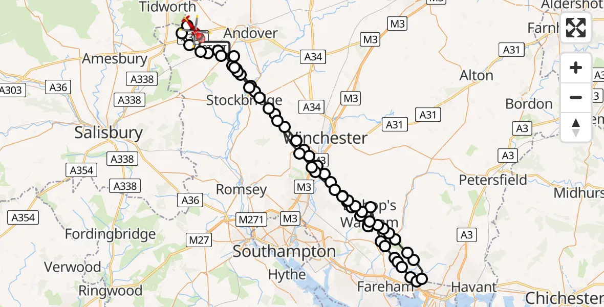 Flight path map showing Air Ambulance Helicopter route from Monxton to Thruxton Aerodrome