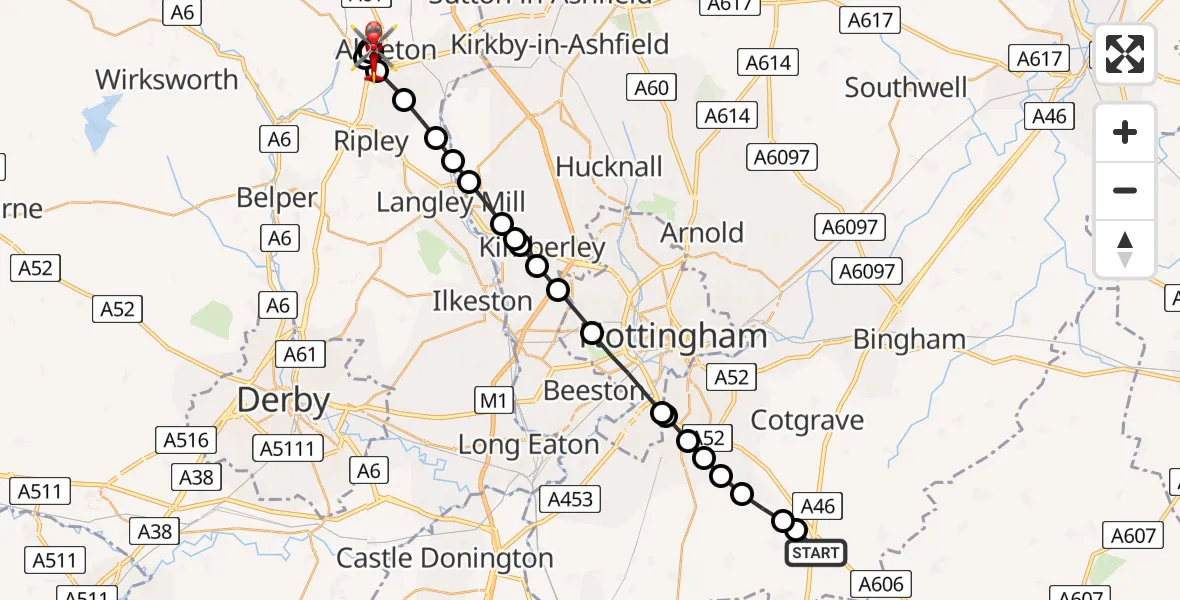 Flight path map showing Air Ambulance Helicopter route from Rushcliffe to Oakerthorpe
