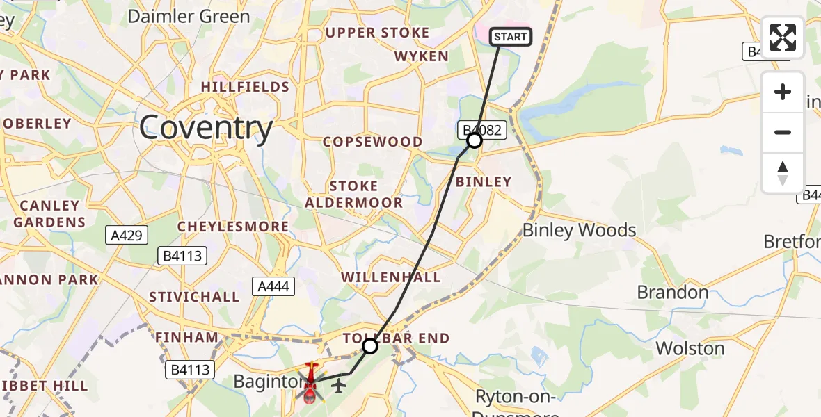 Flight path map showing Air Ambulance Helicopter route from University Hospital Coventry to Baginton