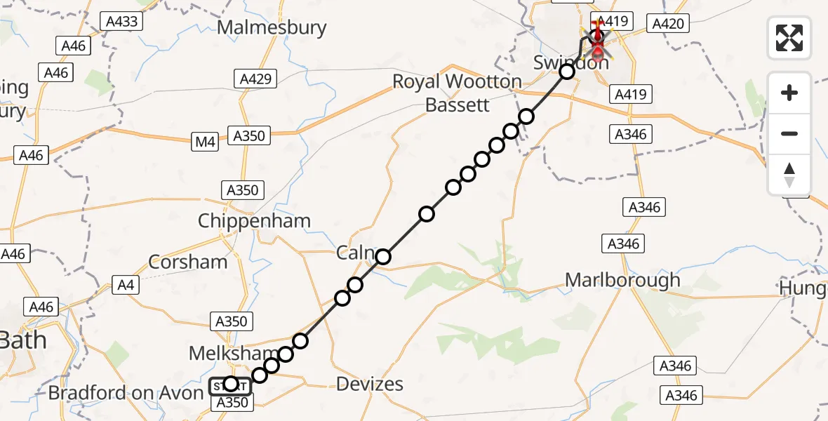 Flight path map showing Air Ambulance Helicopter route from Wiltshire Air Ambulance to Stratton St. Margaret