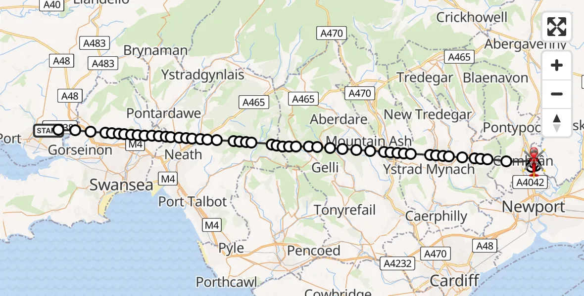Flight path map showing Air Ambulance Helicopter route from Dafen to Grange University Hospital Heliport