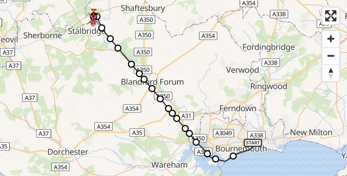 Flight path map showing Air Ambulance Helicopter route from Bournemouth to Henstridge Airfield