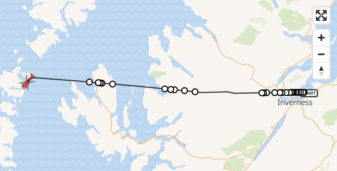 Flight path map showing Air Ambulance Helicopter route from Inverness to Inner Seas