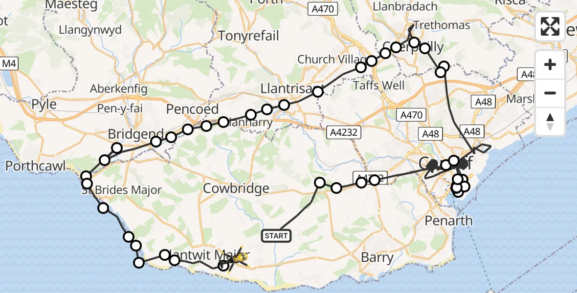 Flight path map showing Police Helicopter route from Llancarfan to MOD St Athan