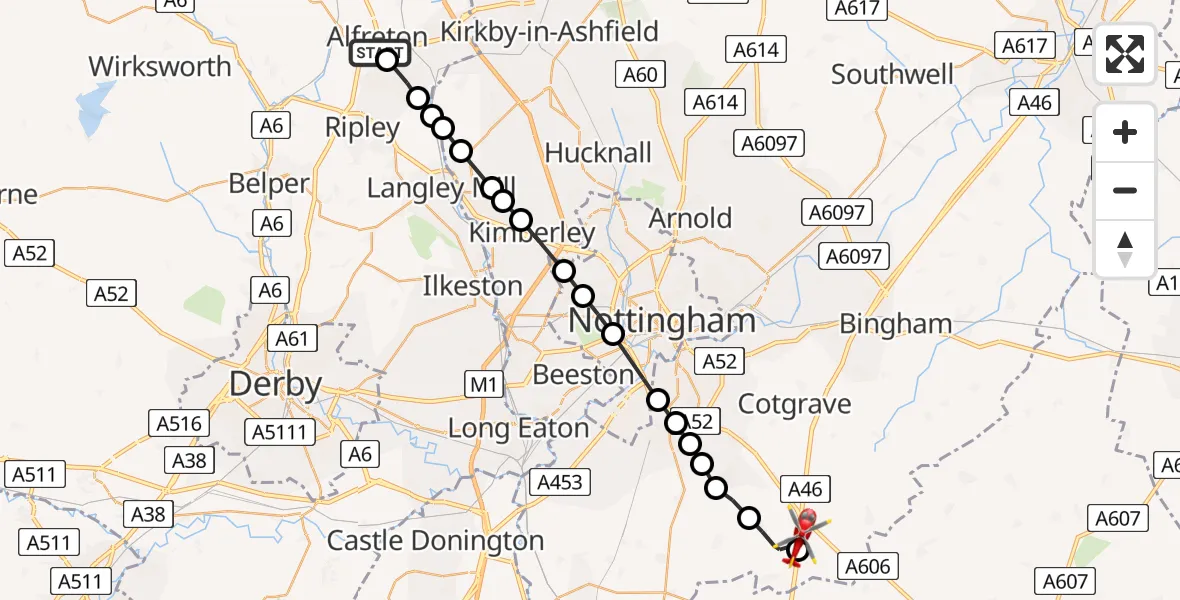 Flight path map showing Air Ambulance Helicopter route from Leabrooks to Nottingham Heliport