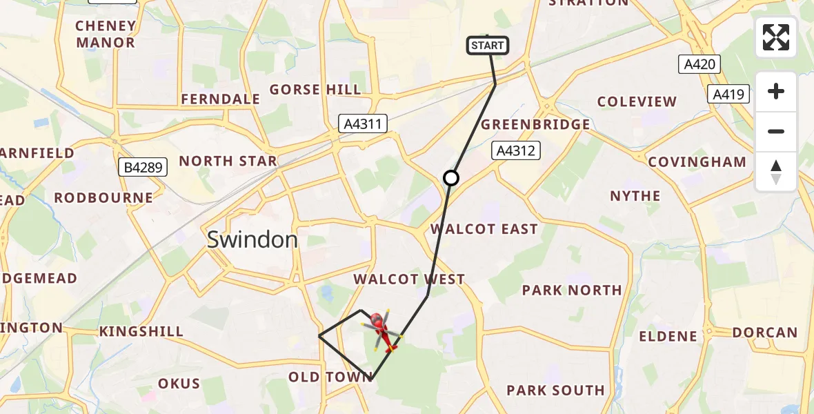 Flight path map showing Air Ambulance Helicopter route from Stratton St. Margaret to Swindon