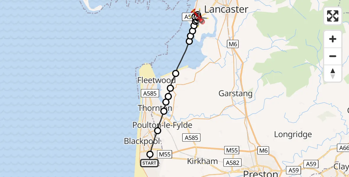 Flight path map showing Air Ambulance Helicopter route from Blackpool Airport to Middleton
