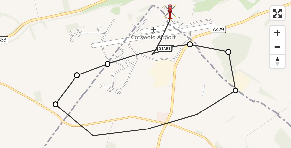 Flight path map showing Air Ambulance Helicopter route from Cotswold Airport to Cotswold Airport