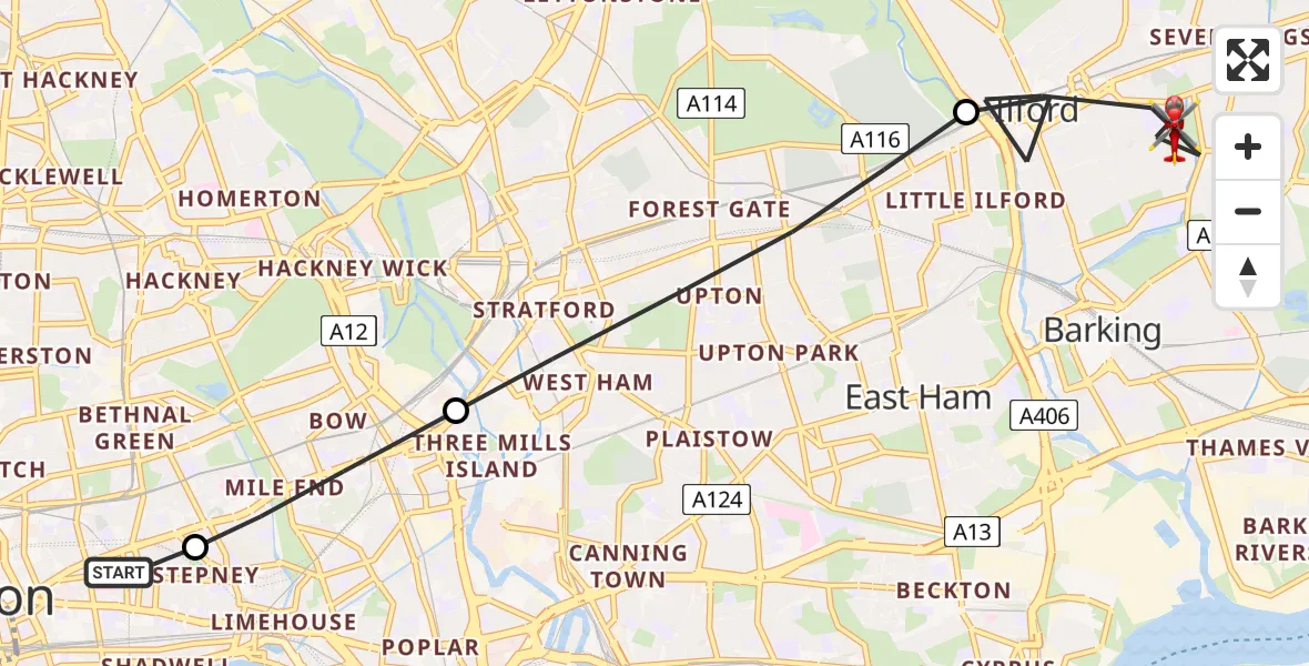 Flight path map showing Air Ambulance Helicopter route from Royal London Hospital to London Borough of Redbridge