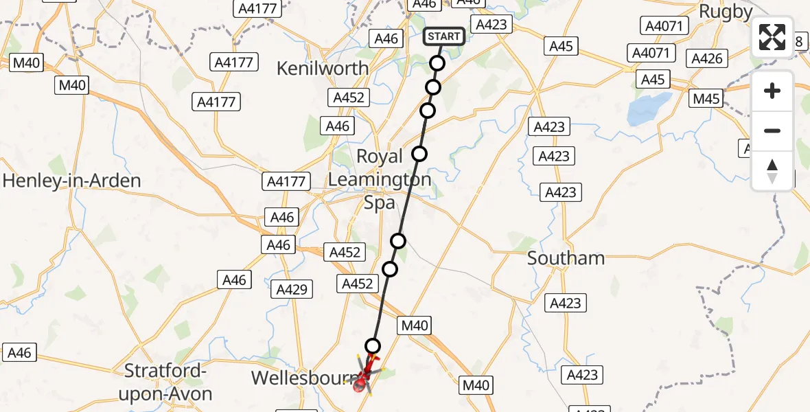 Flight path map showing Air Ambulance Helicopter route from Coventry Airport to Moreton Morrell