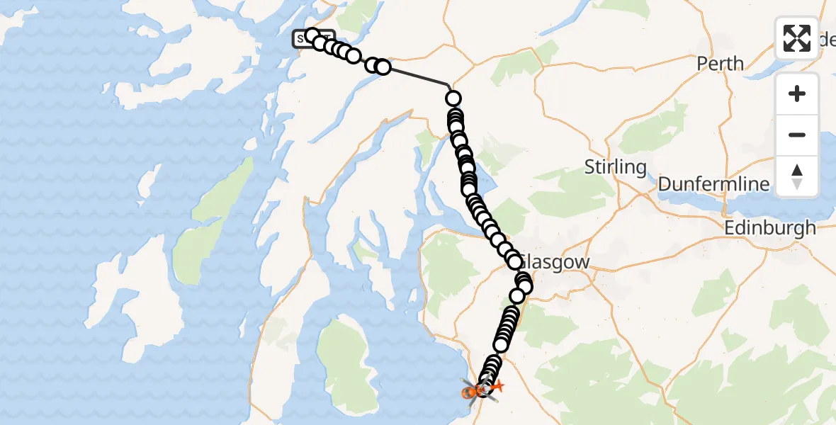 Flight path map showing Coastguard Helicopter route from Oban Airport to Glasgow Prestwick Airport
