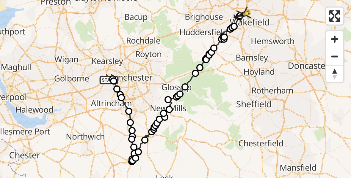 Flight path map showing Police Helicopter route from Worsley to East Ardsley