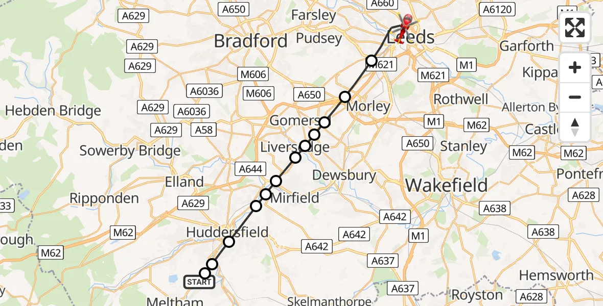 Flight path map showing Air Ambulance Helicopter route from Netherton to Leeds