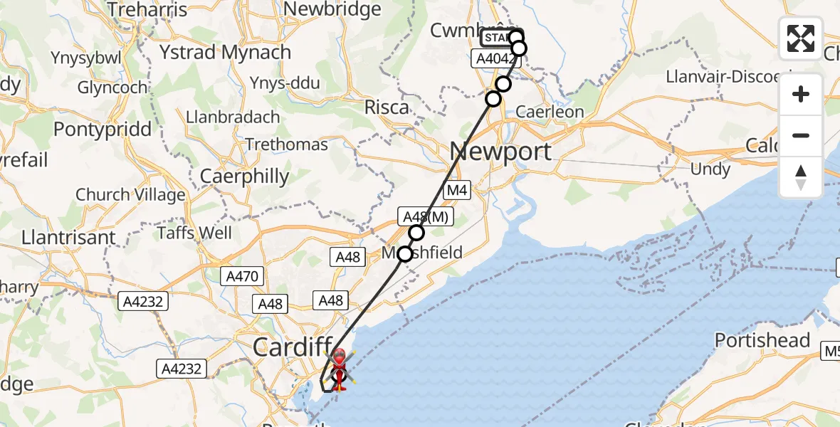 Flight path map showing Air Ambulance Helicopter route from Grange University Hospital Heliport to Cardiff Heliport
