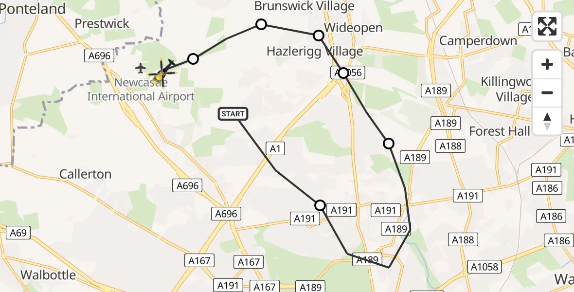 Flight path map showing Police Helicopter route from Newcastle upon Tyne to Newcastle International Airport