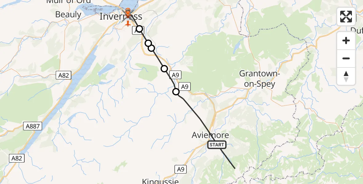 Flight path map showing Coastguard Helicopter route from Aviemore to Inverness