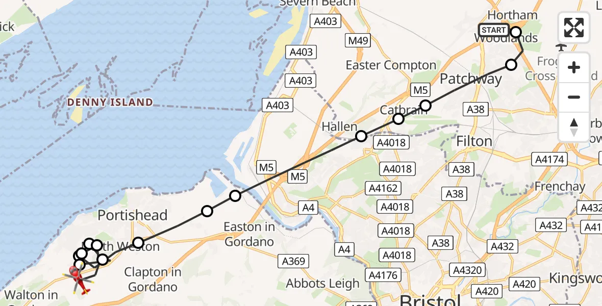 Flight path map showing Air Ambulance Helicopter route from Almondsbury Helicopter Base to Walton-in-Gordano