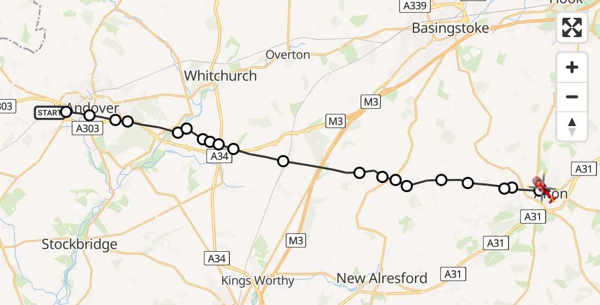 Flight path map showing Air Ambulance Helicopter route from Marlborough Lines Heliport to Alton
