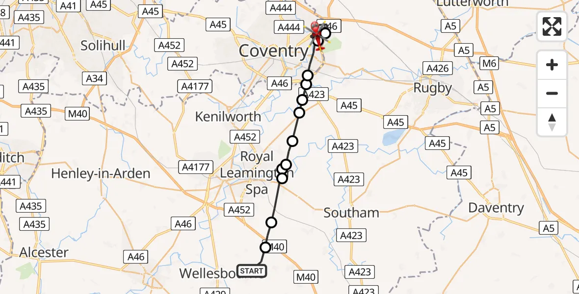 Flight path map showing Air Ambulance Helicopter route from Moreton Morrell to Coventry