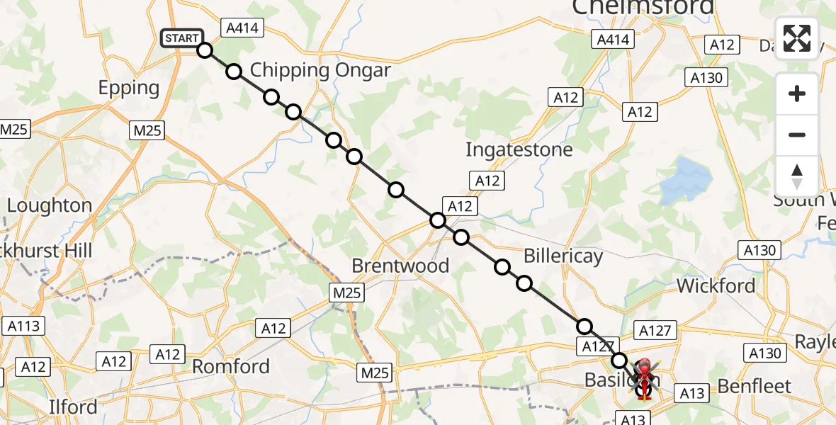 Flight path map showing Air Ambulance Helicopter route from North Weald Airfield to Vange