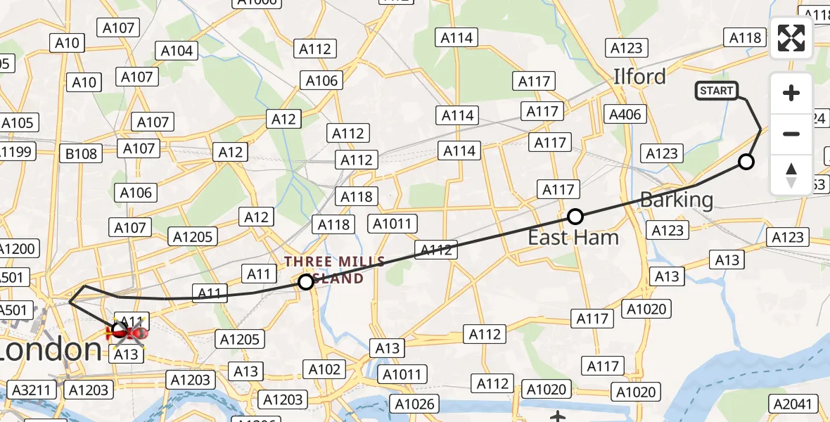 Flight path map showing Air Ambulance Helicopter route from London Borough of Redbridge to Royal London Hospital