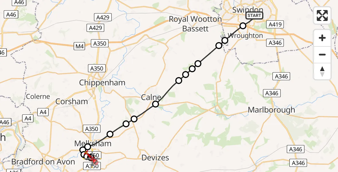 Flight path map showing Air Ambulance Helicopter route from Swindon to Melksham