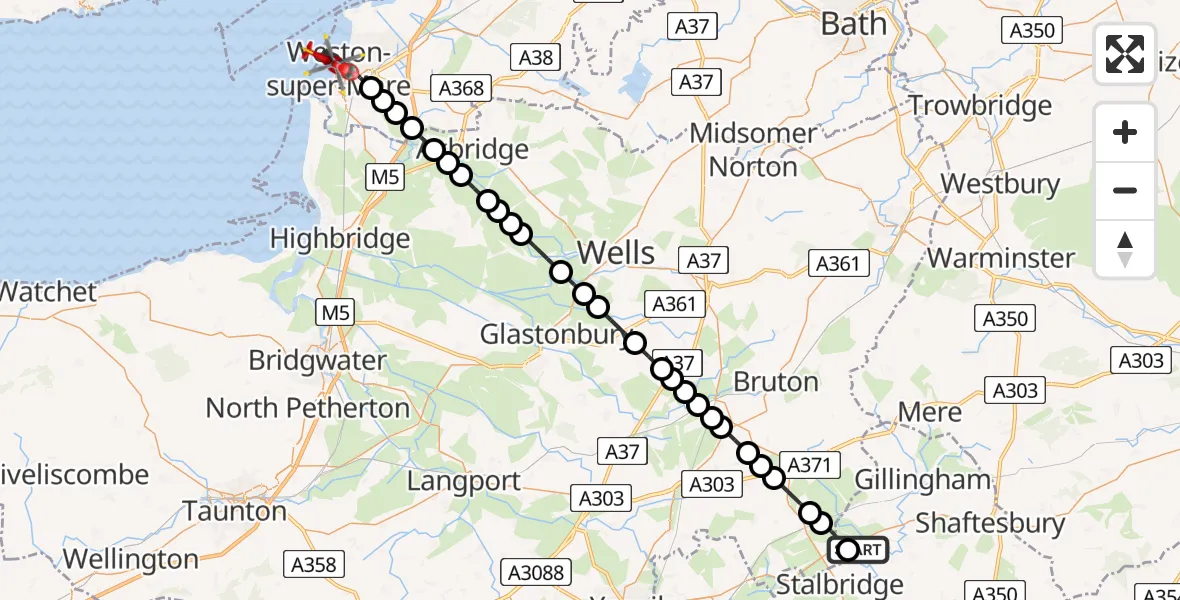 Flight path map showing Air Ambulance Helicopter route from Henstridge Airfield to Weston-super-Mare