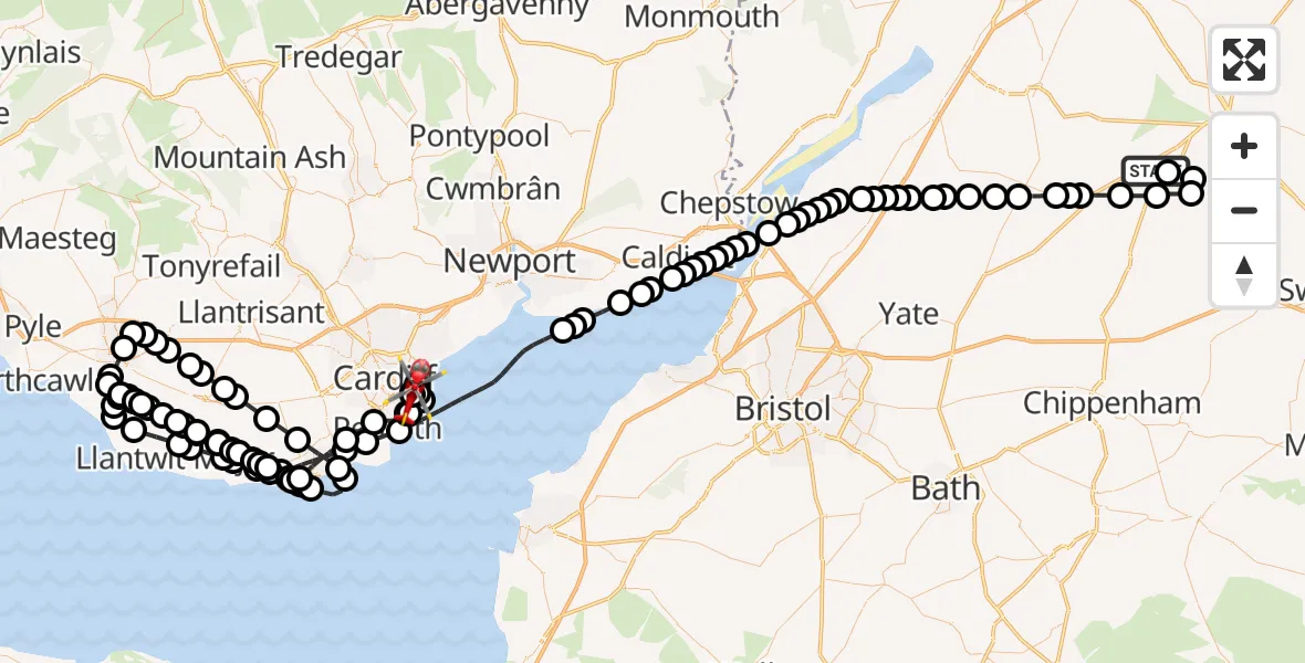 Flight path map showing Air Ambulance Helicopter route from Cotswold Airport to Cardiff Heliport