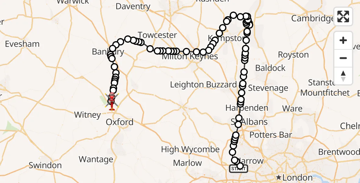Flight path map showing Air Ambulance Helicopter route from RAF Northolt to London Oxford Airport