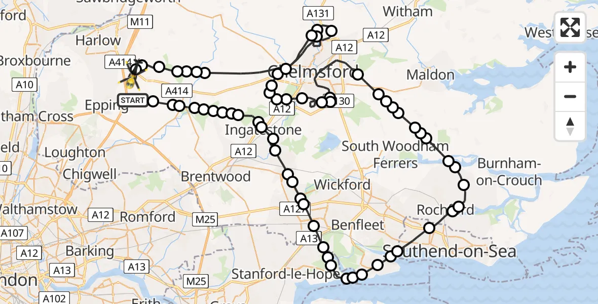 Flight path map showing Police Helicopter route from Woodhatch to North Weald Bassett