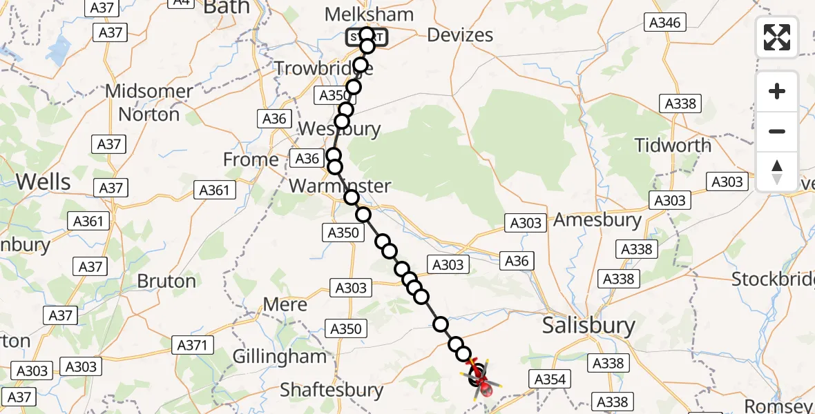 Flight path map showing Air Ambulance Helicopter route from Wiltshire Air Ambulance to Broad Chalke