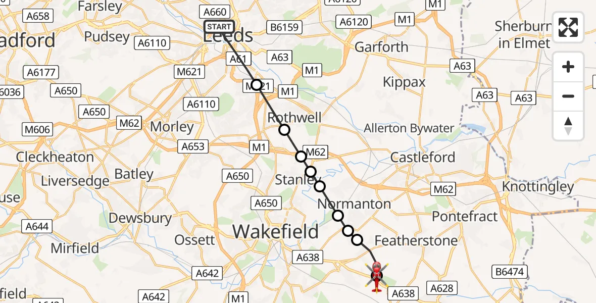 Flight path map showing Air Ambulance Helicopter route from Leeds to YAA Nostell Helicopter Port